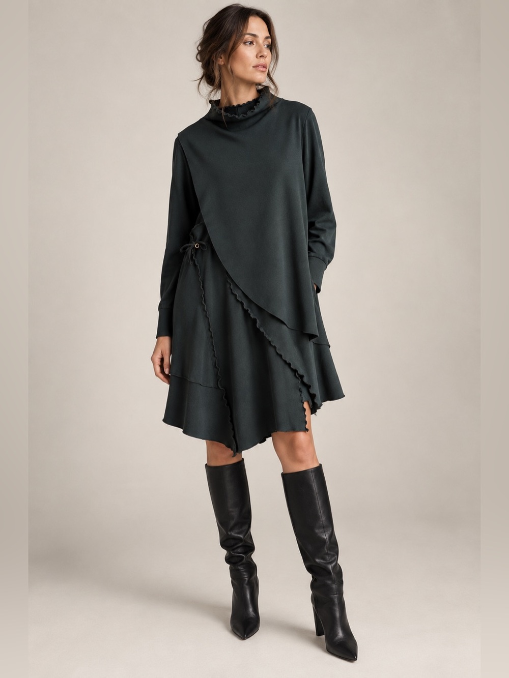 COS Forest Green Asymmetric Layered Wrap Dress Ruffle Edge L - Picture 2 of 7